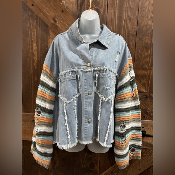 POL Relaxed Denim Crochet Sleeve Jacket - Picture 1 of 11